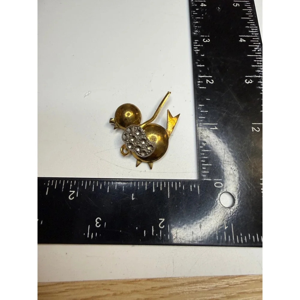 Vintage Gold Tone Rhinestone Bird Brooch Pin Stylized Animal Jewelry